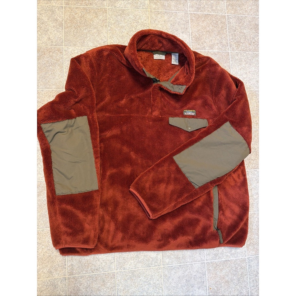 LL Bean Mens XL Tall Hi-Pile Fleece Pullover Snap Neck Burnt Orange Flat grey